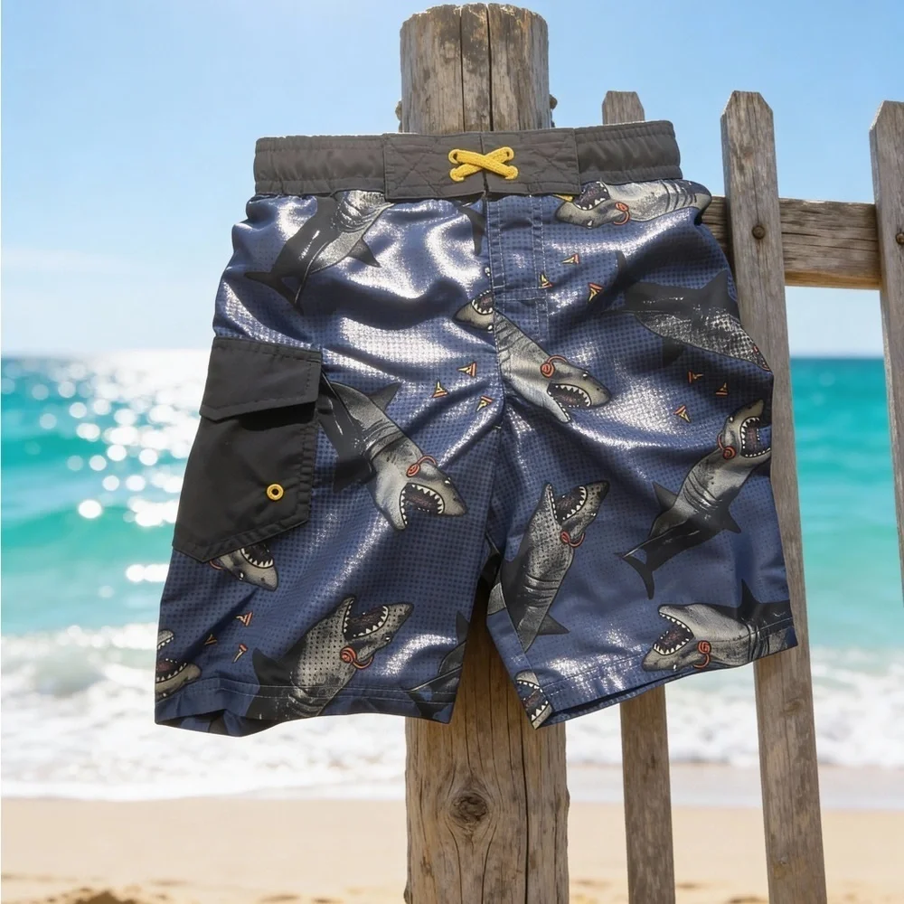 Cat & Jack Boys Shark Swim Trunks S (6/7) Blue NWT